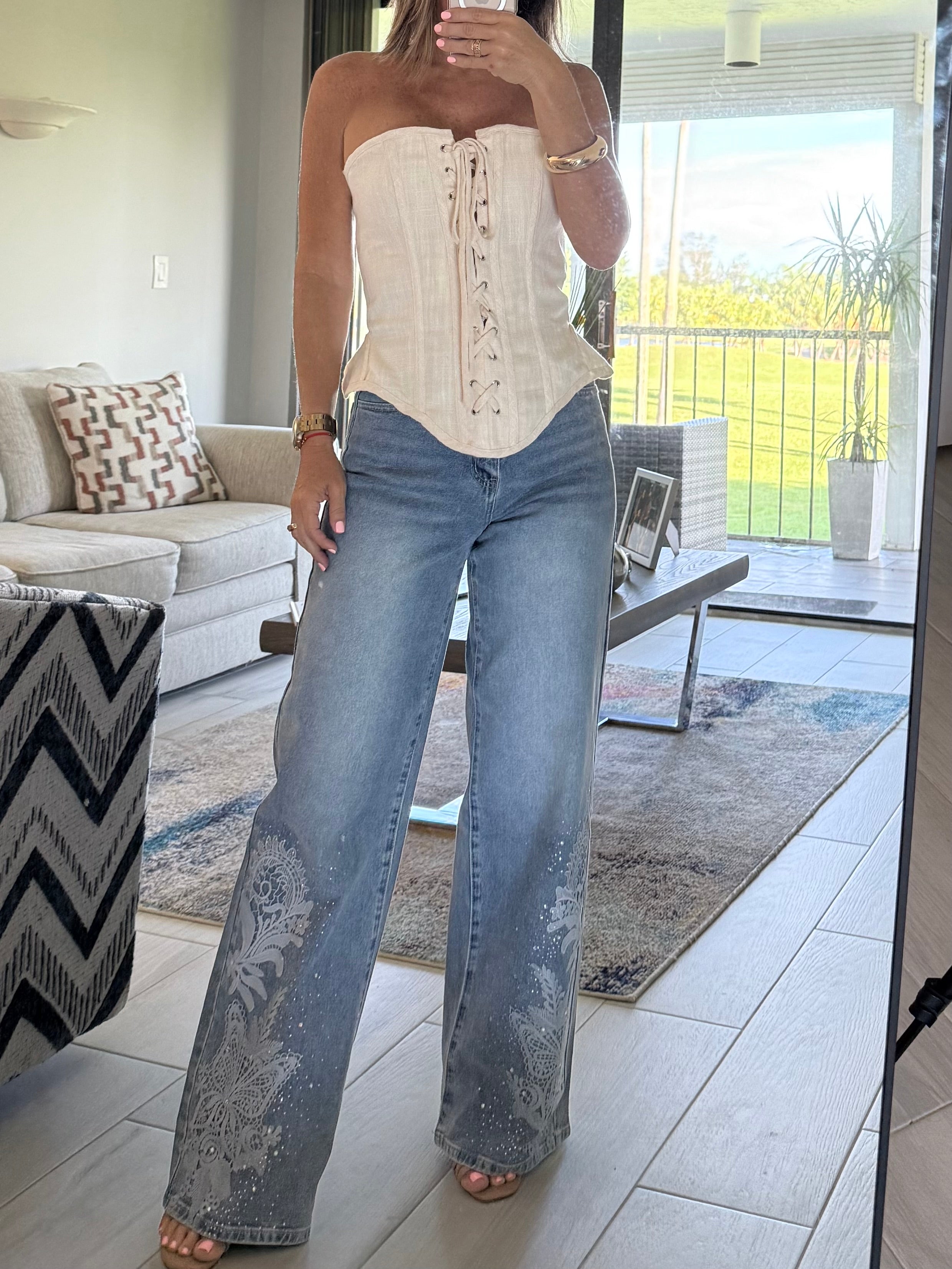 Cream long  strapless corse top