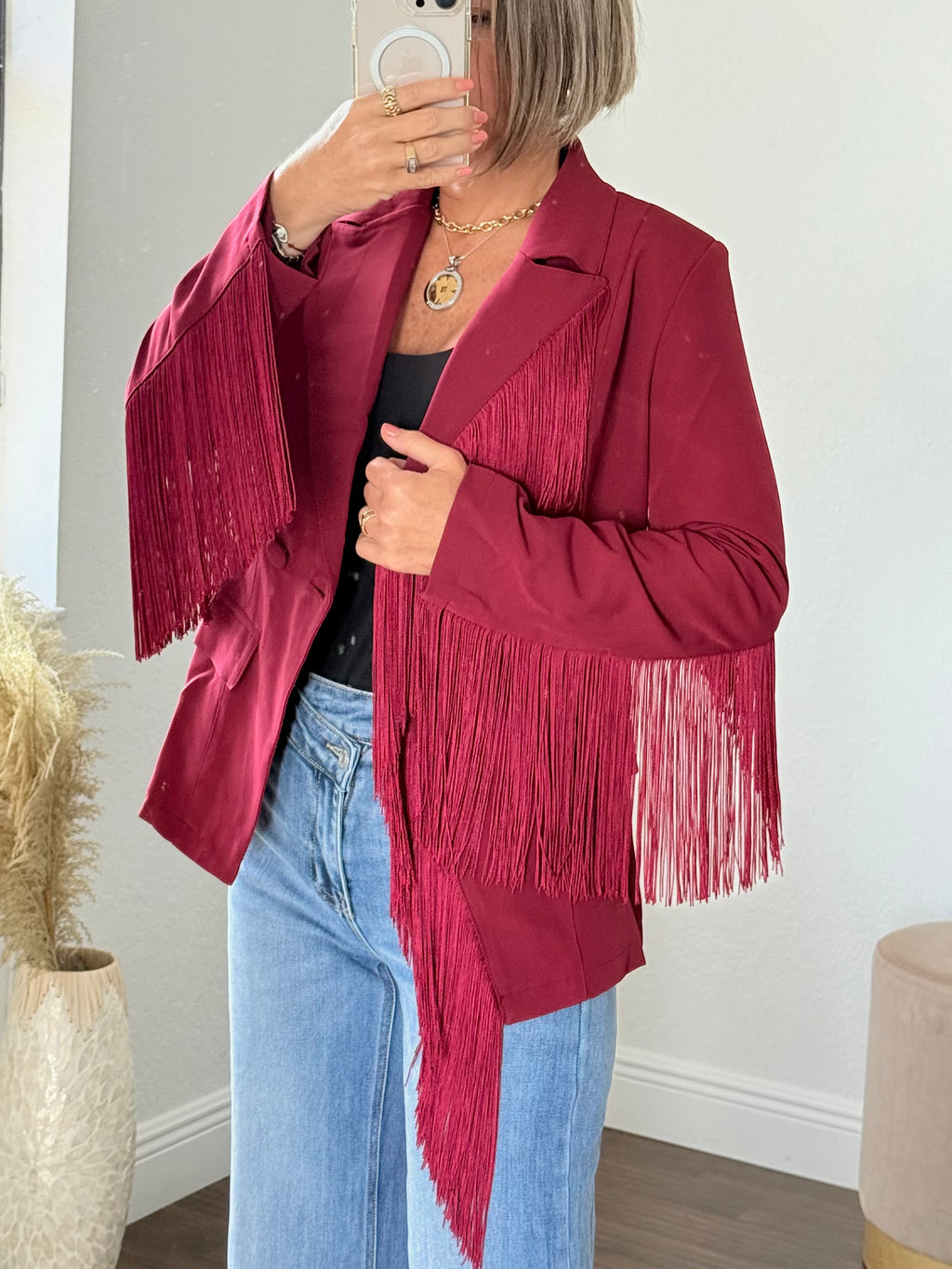 Burgundy Blazer with Chic fringes