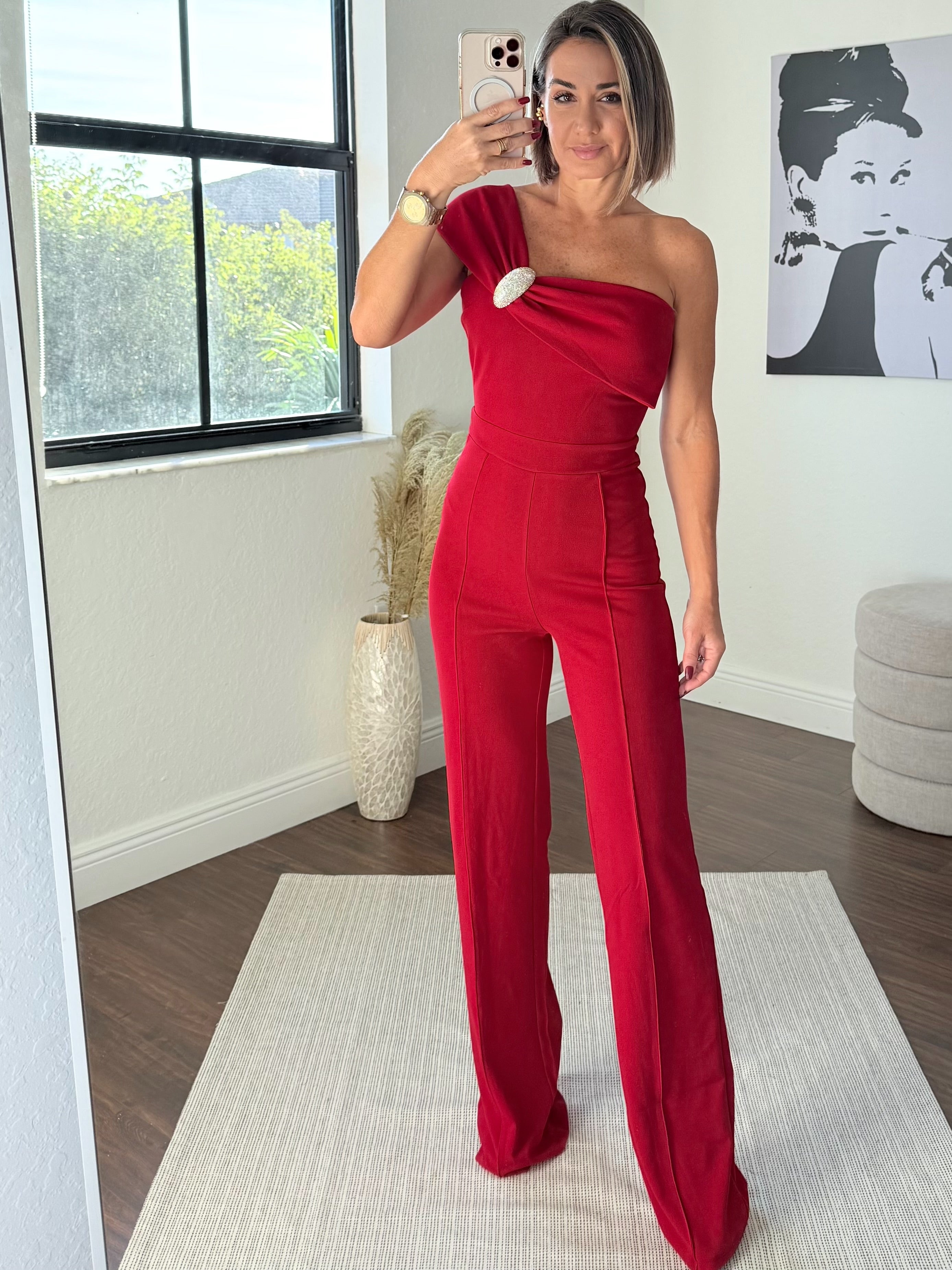 ✨ Glam Red Christmas Strapless Jumpsuit
