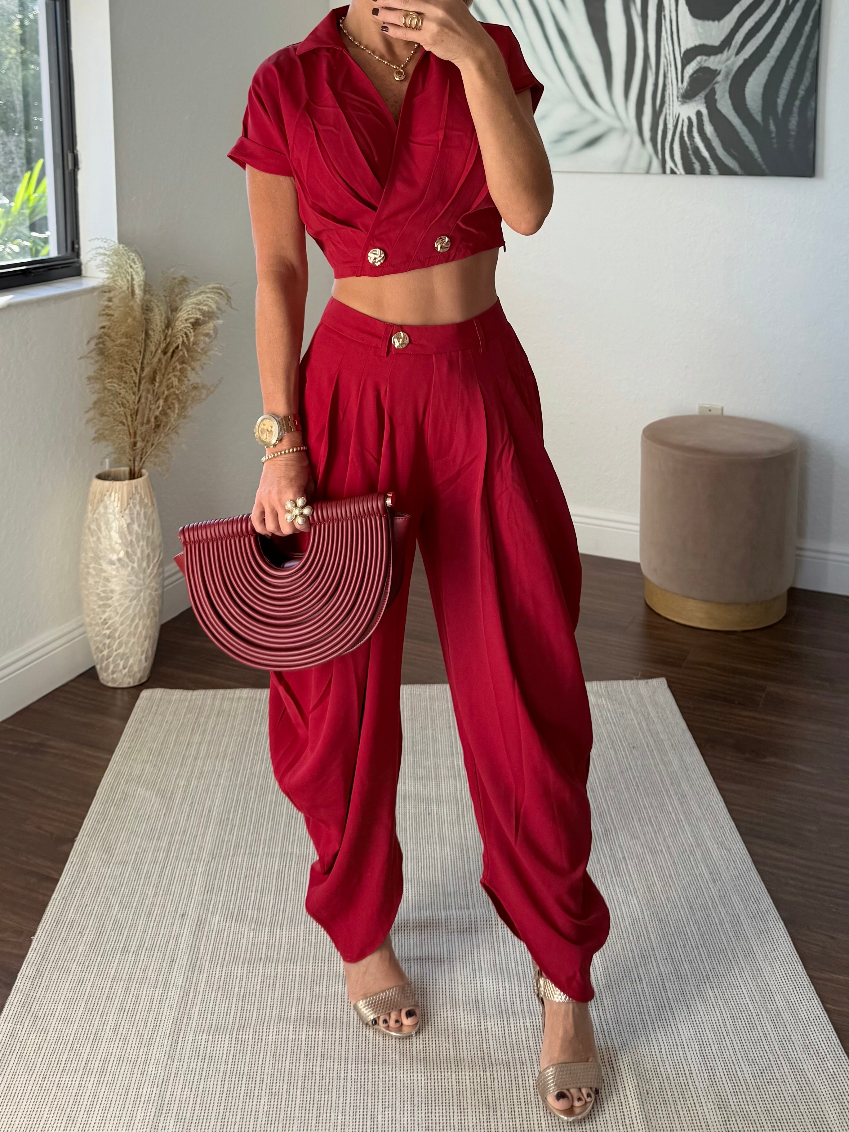 Red  Wide-Leg Jogger Pants with Modern Pleats and top set