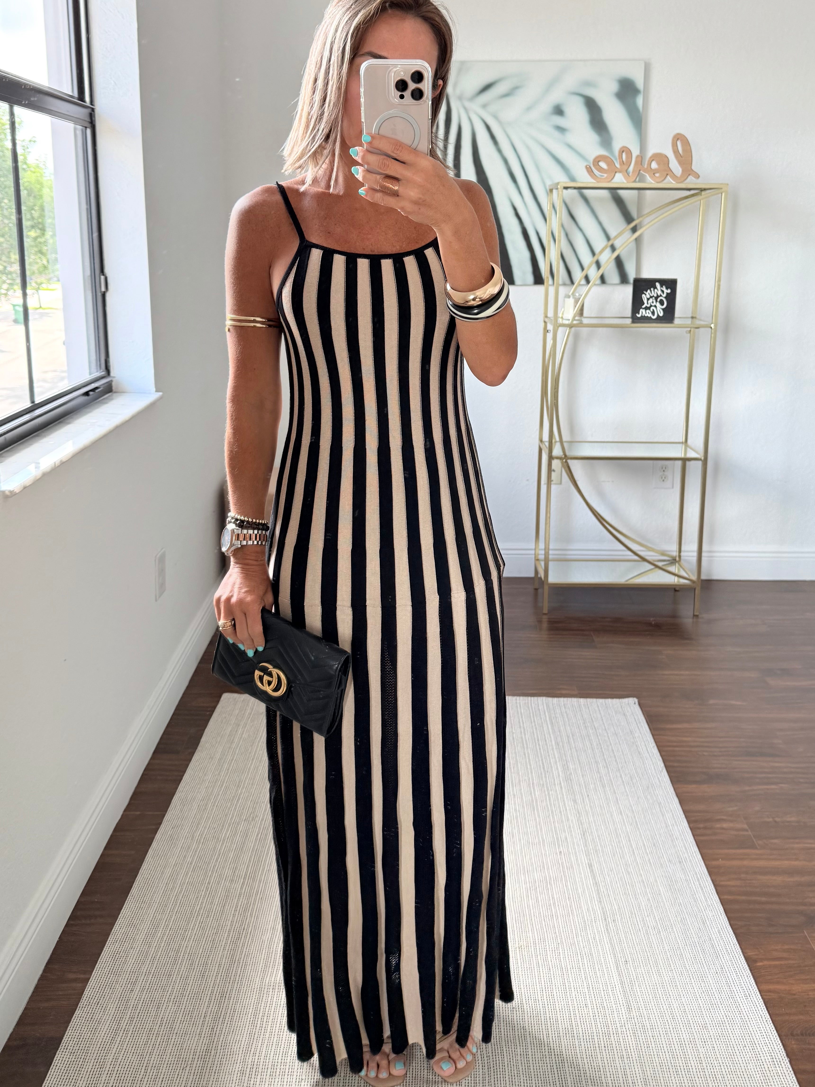 Long Knit Stripe Dress Black & Nude – Chic & Versatile