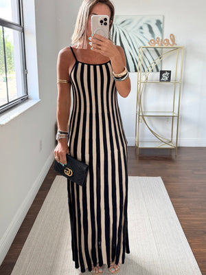 Long Knit Stripe Dress Black & Nude – Chic & Versatile