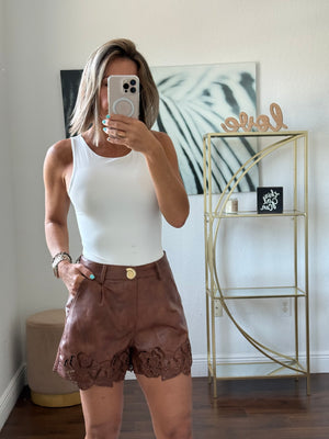 Embroidered Leather Shorts with Golden Button