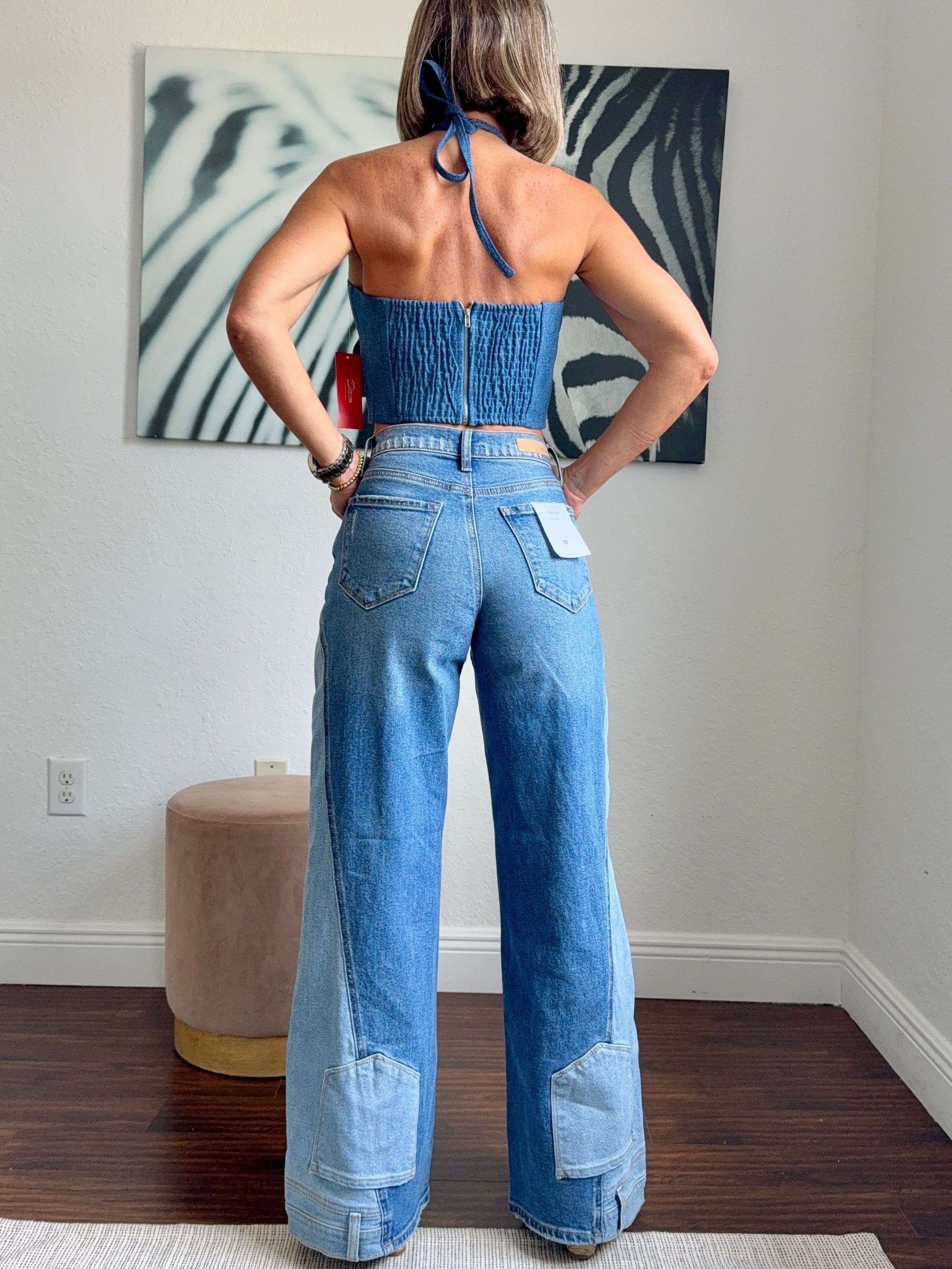 Wide leg  Sculpt Flare – Two-Tone Stretch Denim with Boot Pocket Detail”