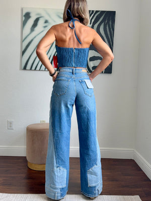 Wide leg  Sculpt Flare – Two-Tone Stretch Denim with Boot Pocket Detail”