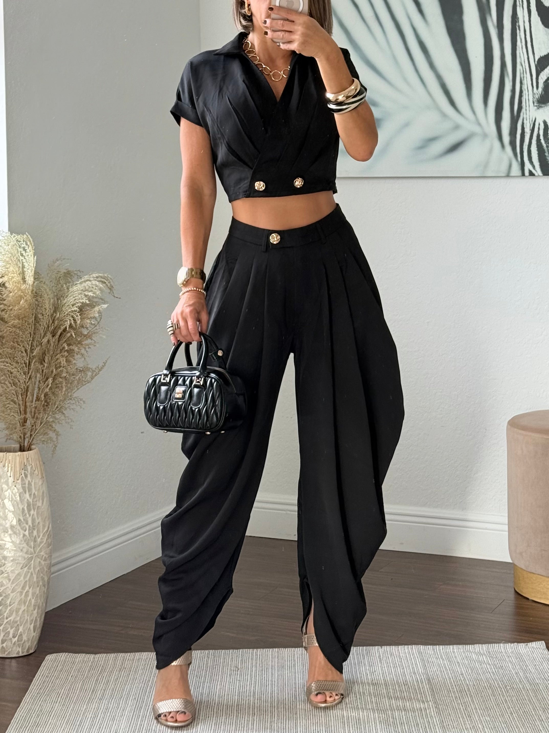 Black  Wide-Leg Jogger Pants with Modern Pleats and top set
