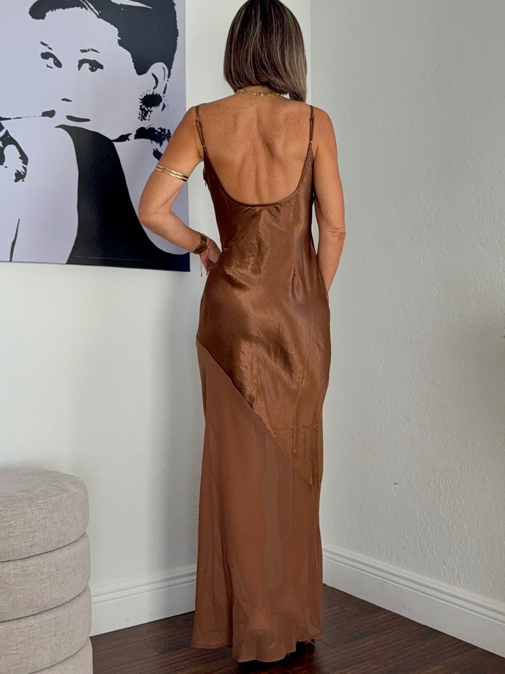 “Brown Satin Asymmetric Dress with Sheer Tulle Glow”
