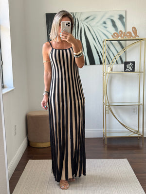 Long Knit Stripe Dress Black & Nude – Chic & Versatile