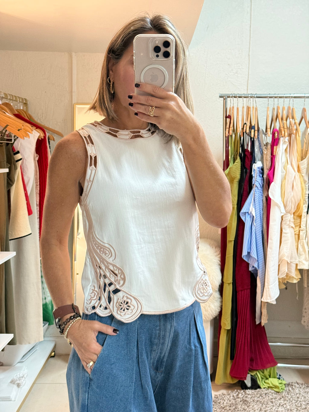 White Chic Top with Pink Embroidery
