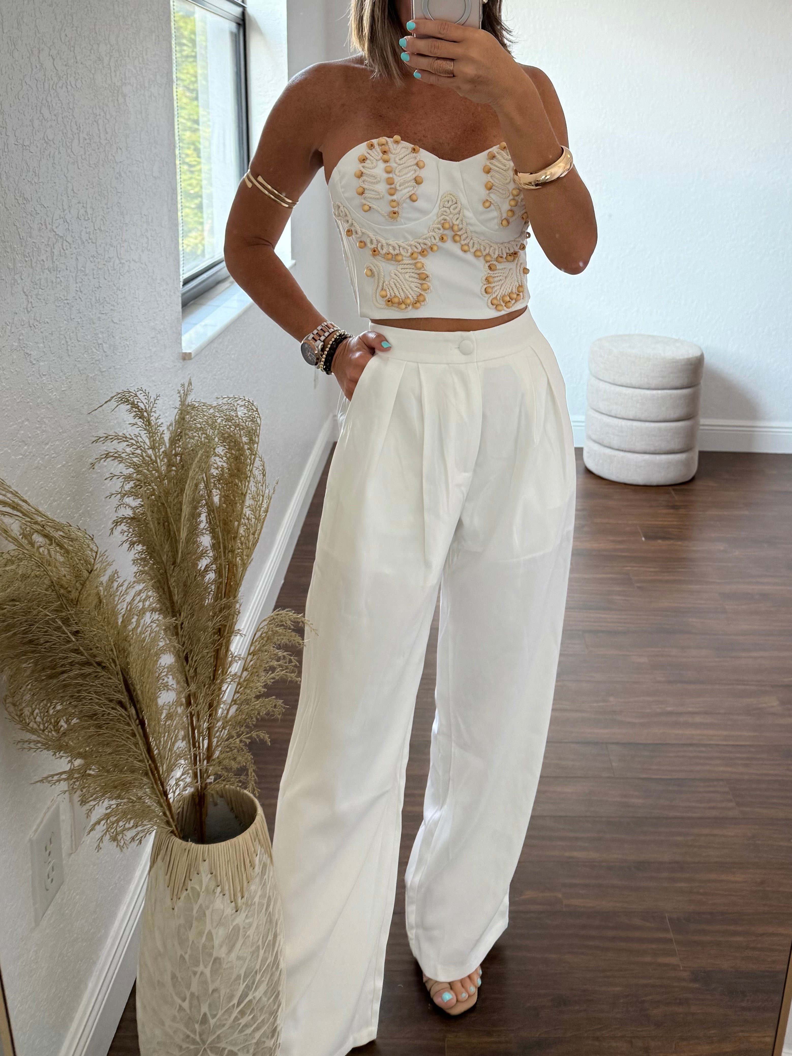 Strapless Corset & Pant Set with Embroidery and Wooden Details – White Elegance