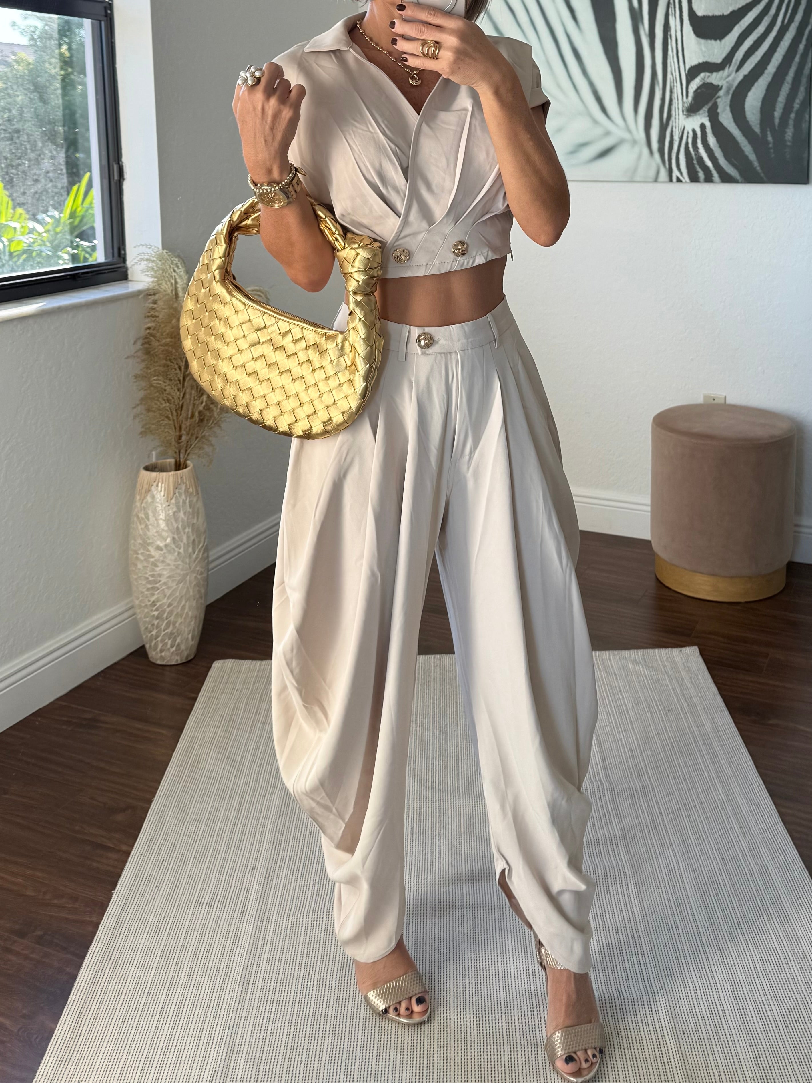 Beige   Wide-Leg Jogger Pants with Modern Pleats and top set