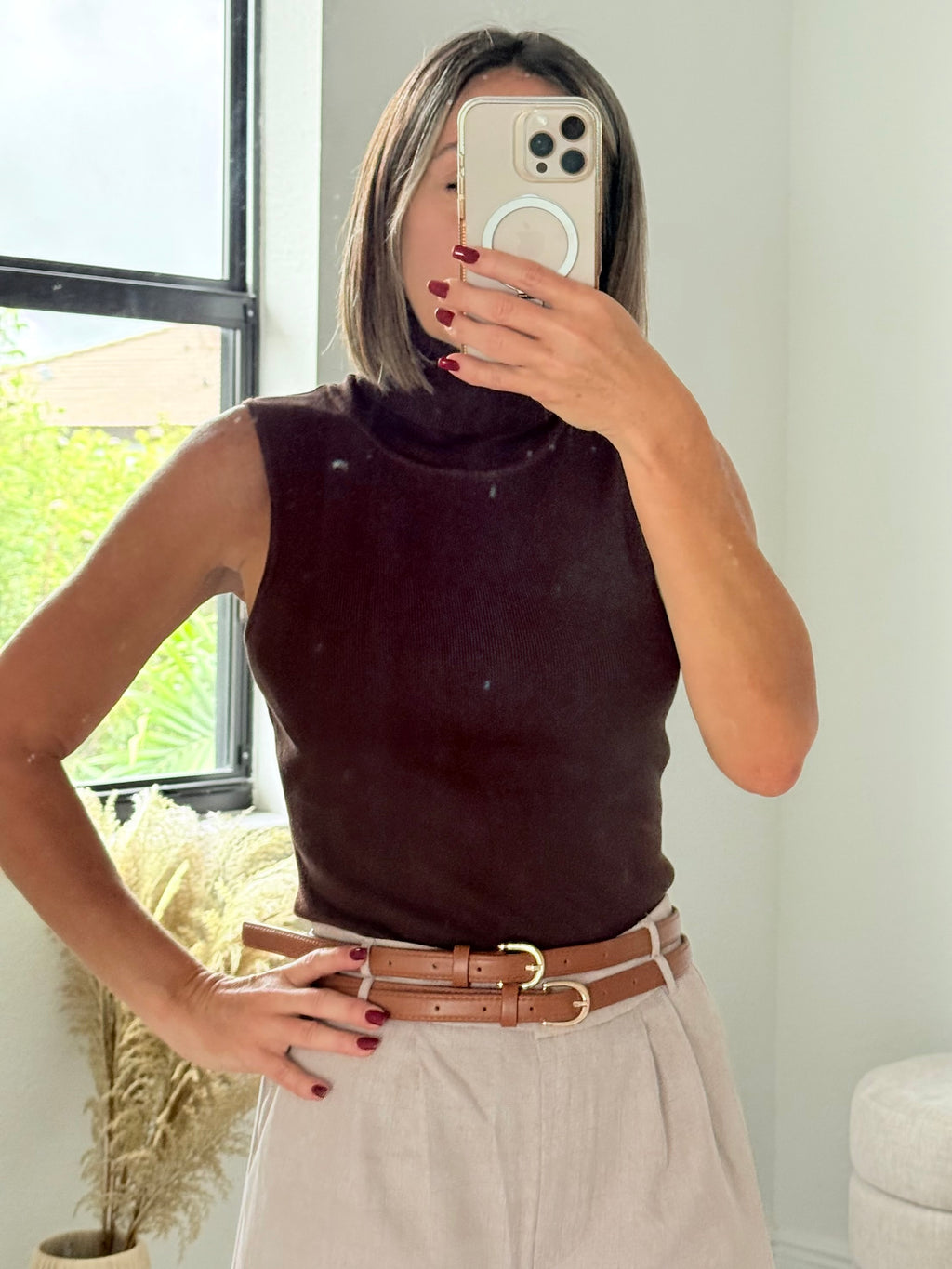 Mocca Basic Chic Sleeveless Turtleneck Sweater