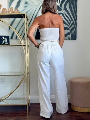 Strapless Corset & Pant Set with Embroidery and Wooden Details – White Elegance