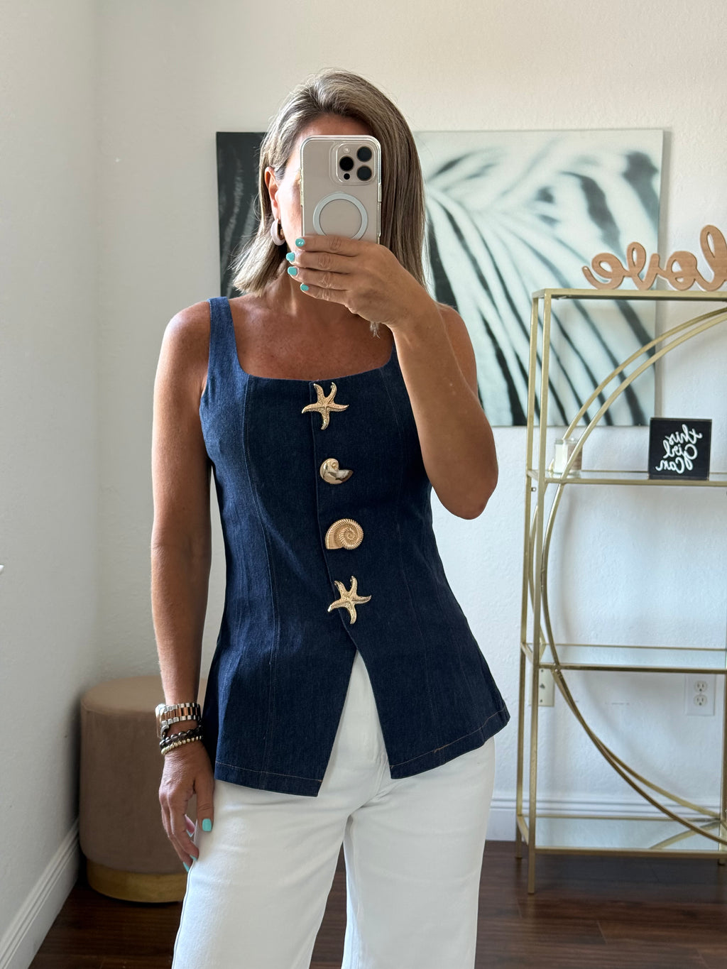 Denim Modern Vest with Star & Seashell Buttons