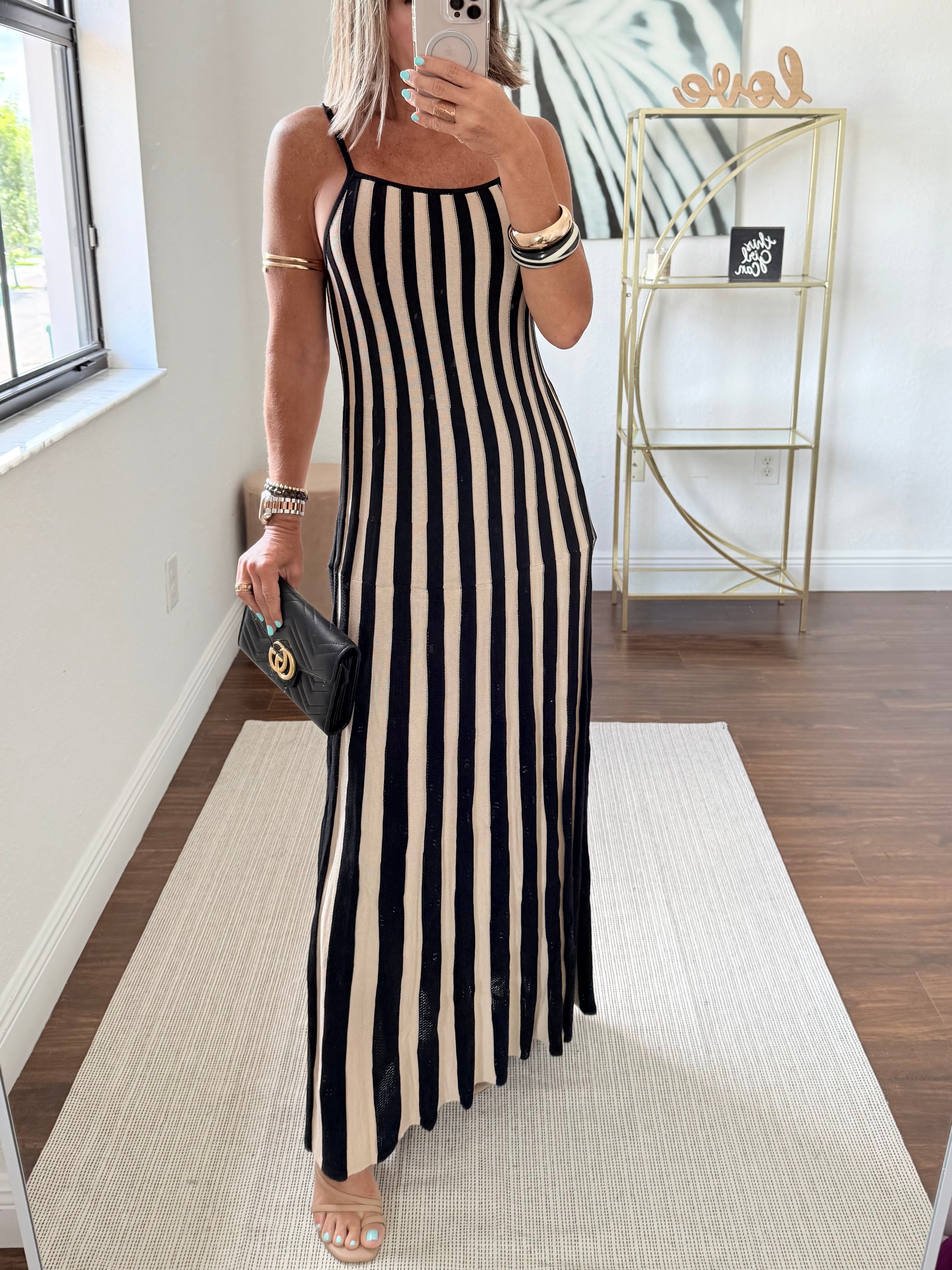 Long Knit Stripe Dress Black & Nude – Chic & Versatile