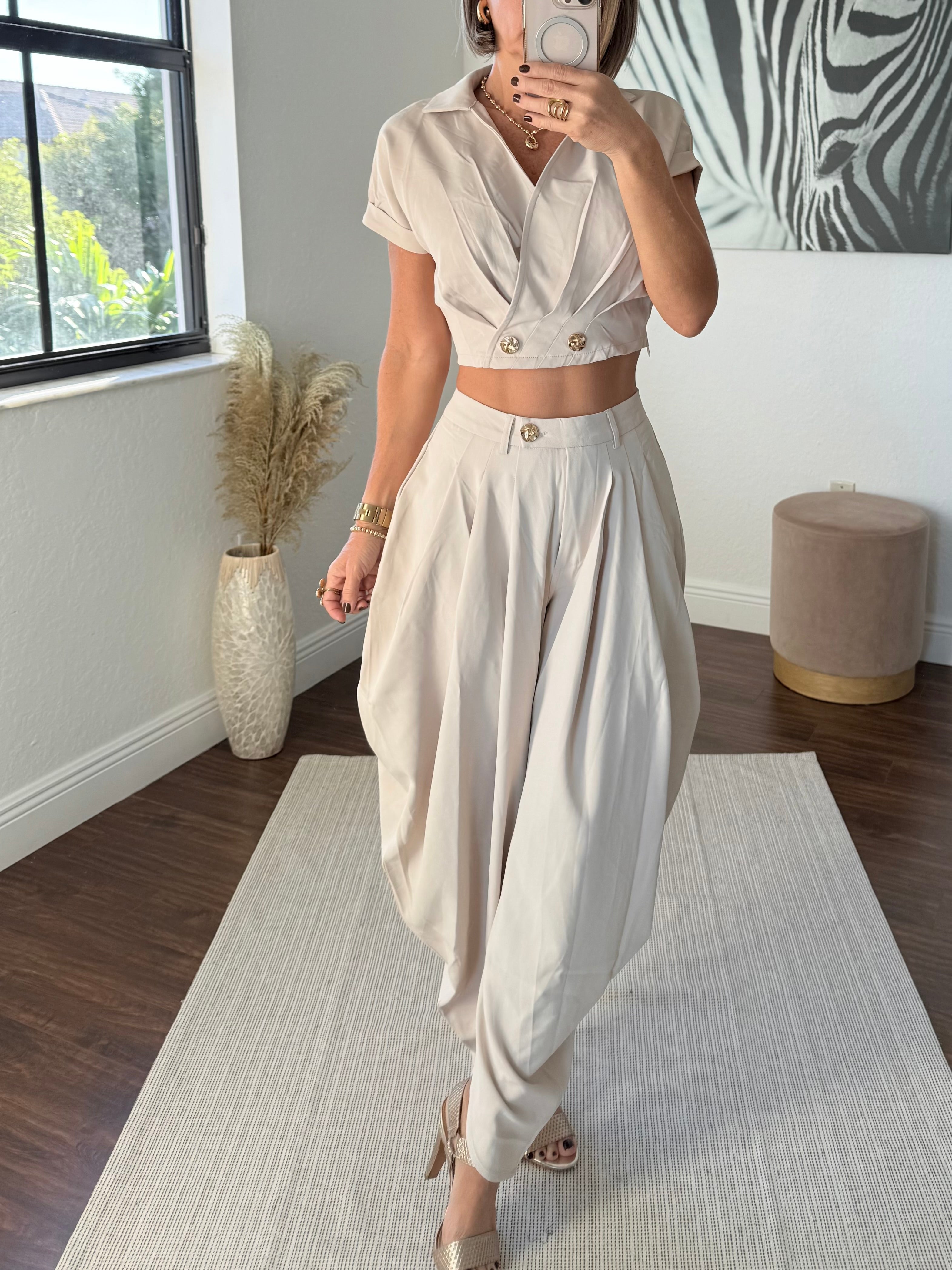 Beige   Wide-Leg Jogger Pants with Modern Pleats and top set