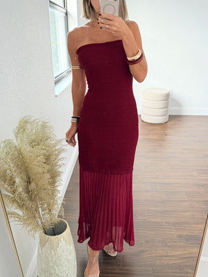 Burgundy Strapless Pleated Dress