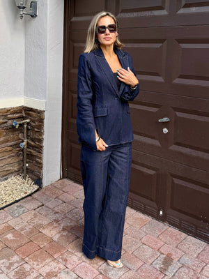 Classic Denim Set – High-Waist Pants & Blazer