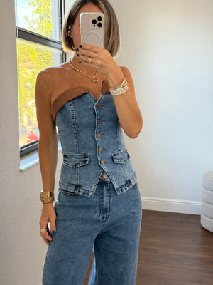 Aladdin-Style Denim Set with Leather Details