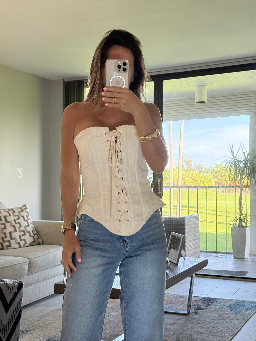 Cream long  strapless corse top