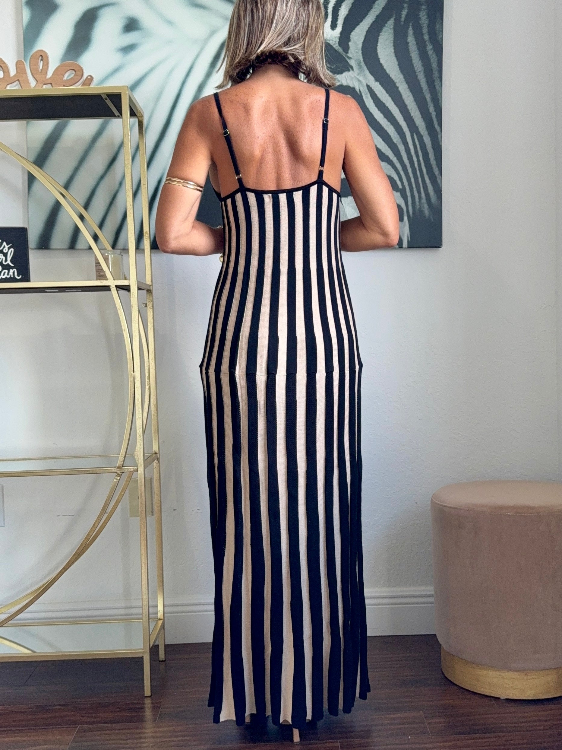Long Knit Stripe Dress Black & Nude – Chic & Versatile
