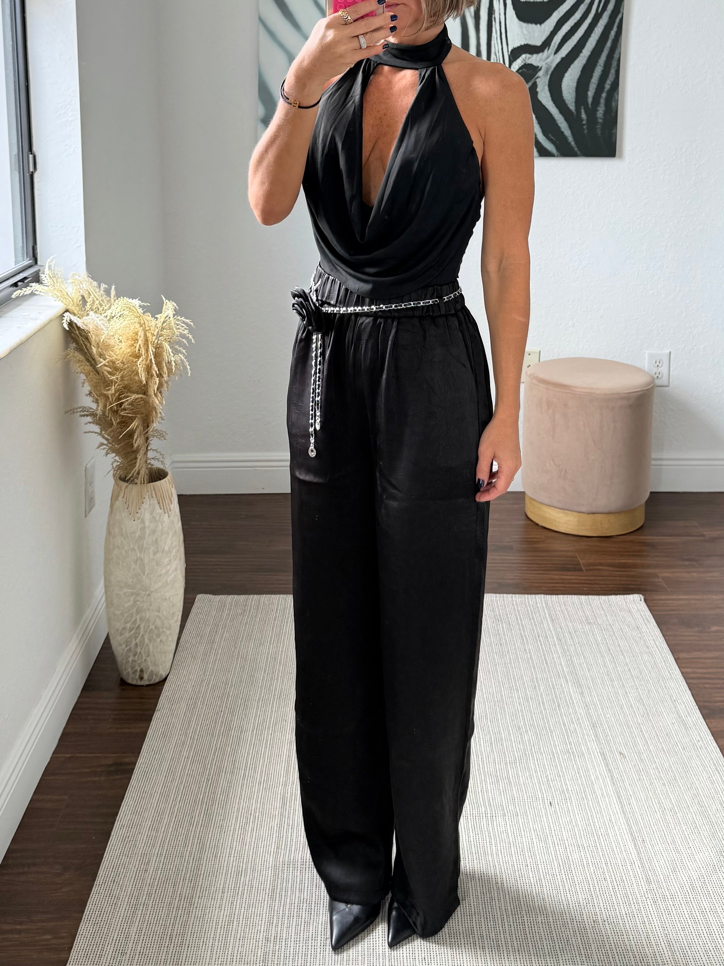Black Elegant Bodysuit with Unique Neckline Detail