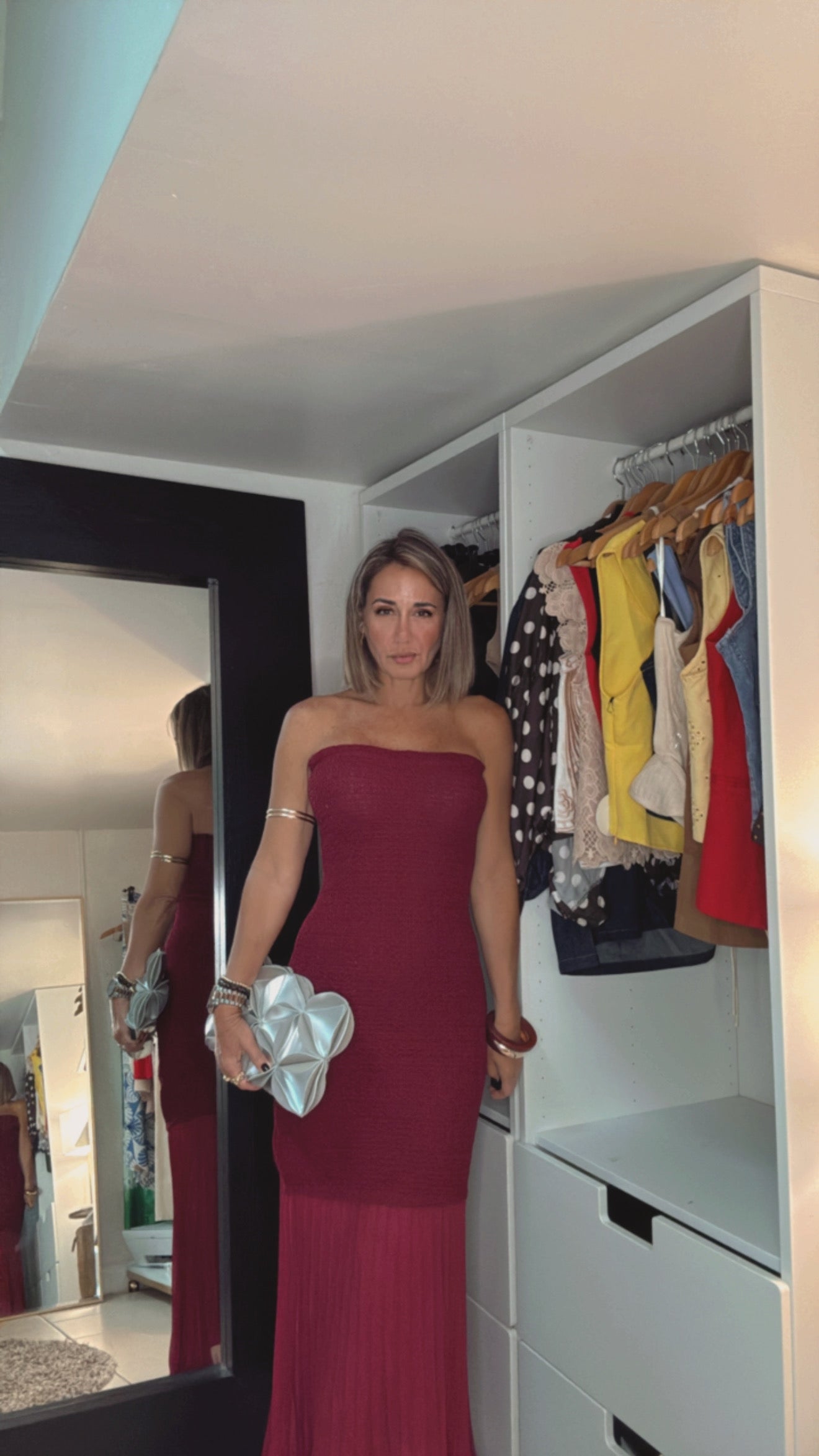 Burgundy Strapless Pleated Dress