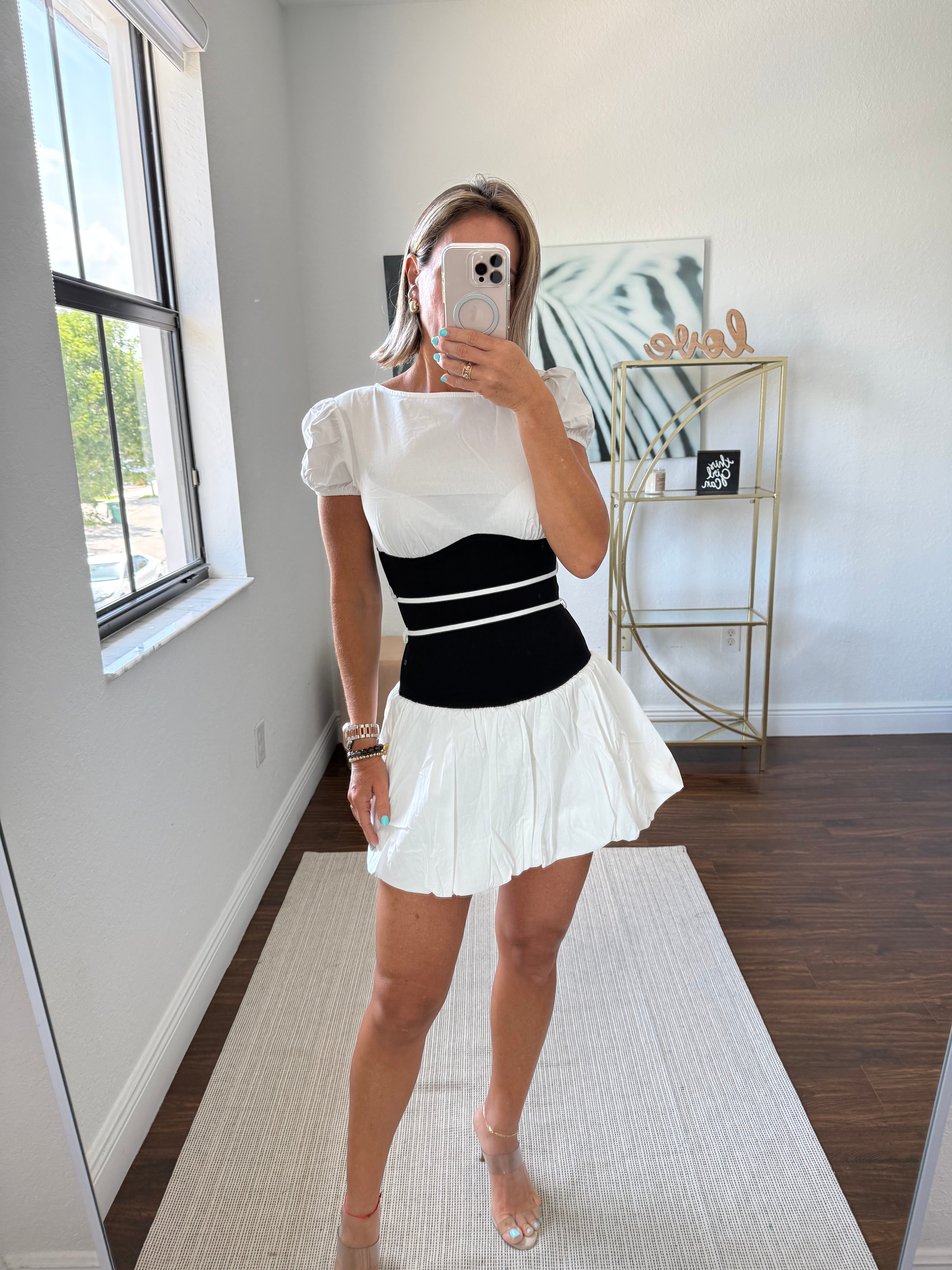 Black & White Two-Tone Dress with Waistband and Balloon Skirt