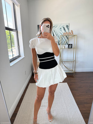 Black & White Two-Tone Dress with Waistband and Balloon Skirt
