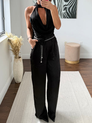 Silk Pants with Rose Belt – Night Elegance