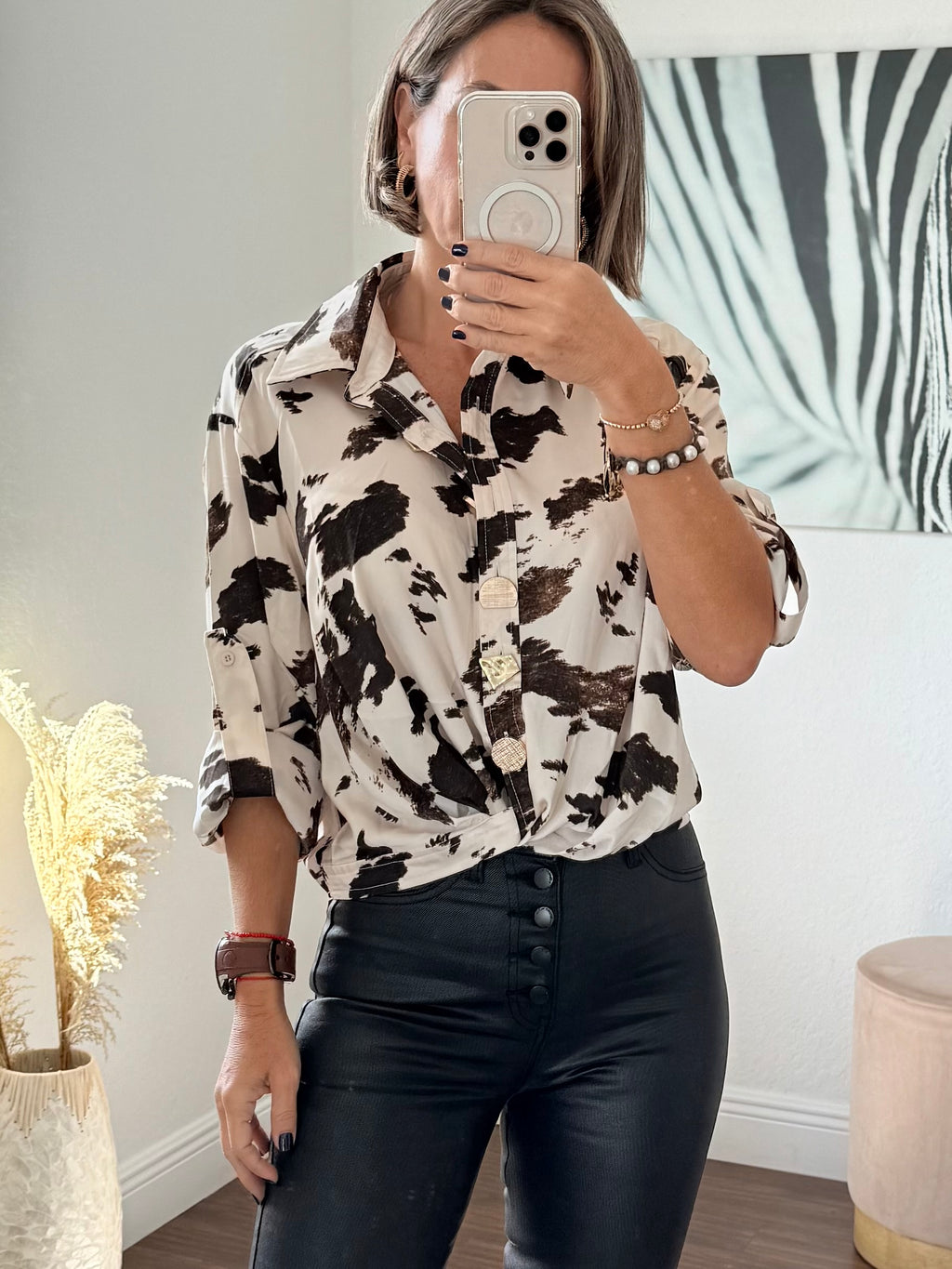 Shiny Silk Blouse – Cow Print with Gold Buttons