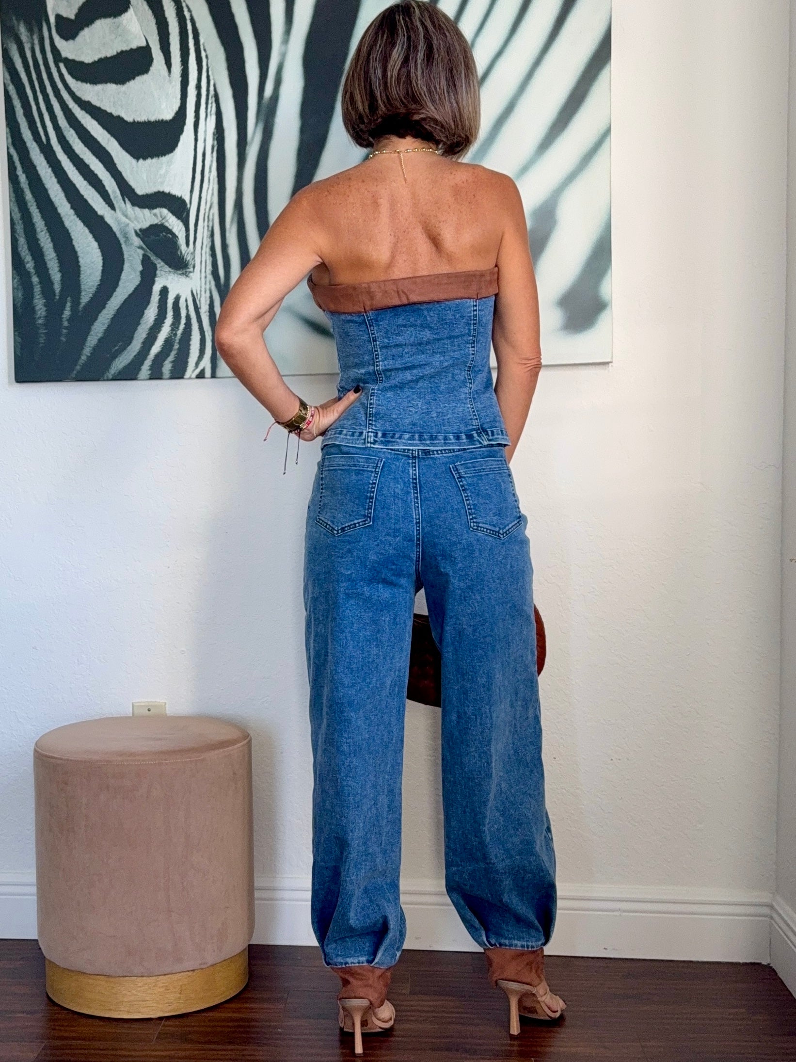 Aladdin-Style Denim Set with Leather Details