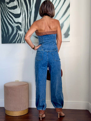 Aladdin-Style Denim Set with Leather Details