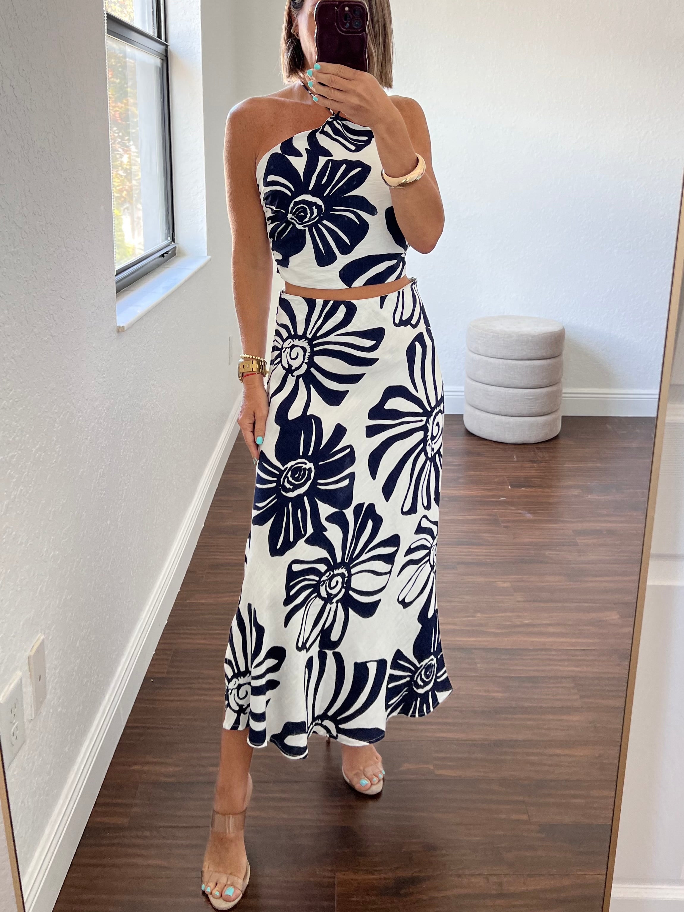 Navy blue   rose  skirt set