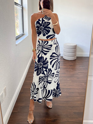 Navy blue   rose  skirt set