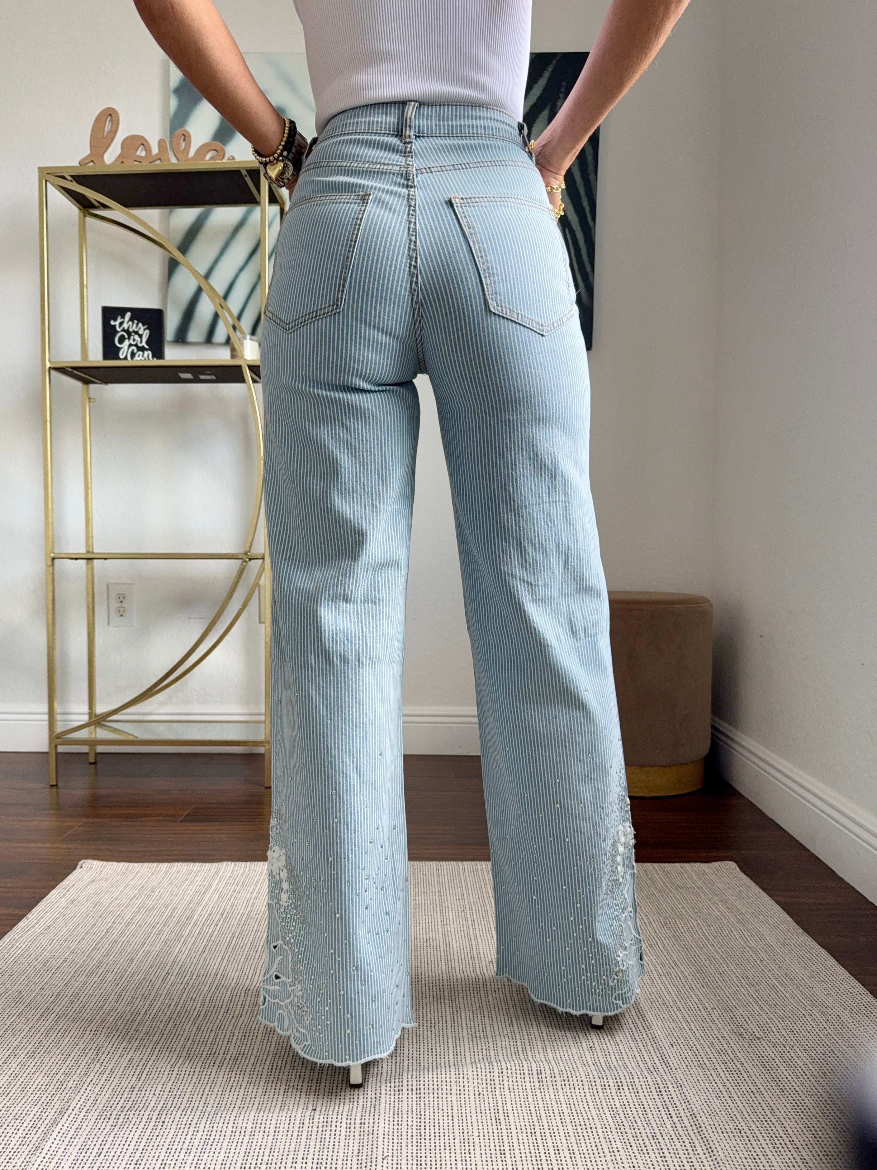 Light Blue Denim Jeans with Embroidery & Gemstone Detail