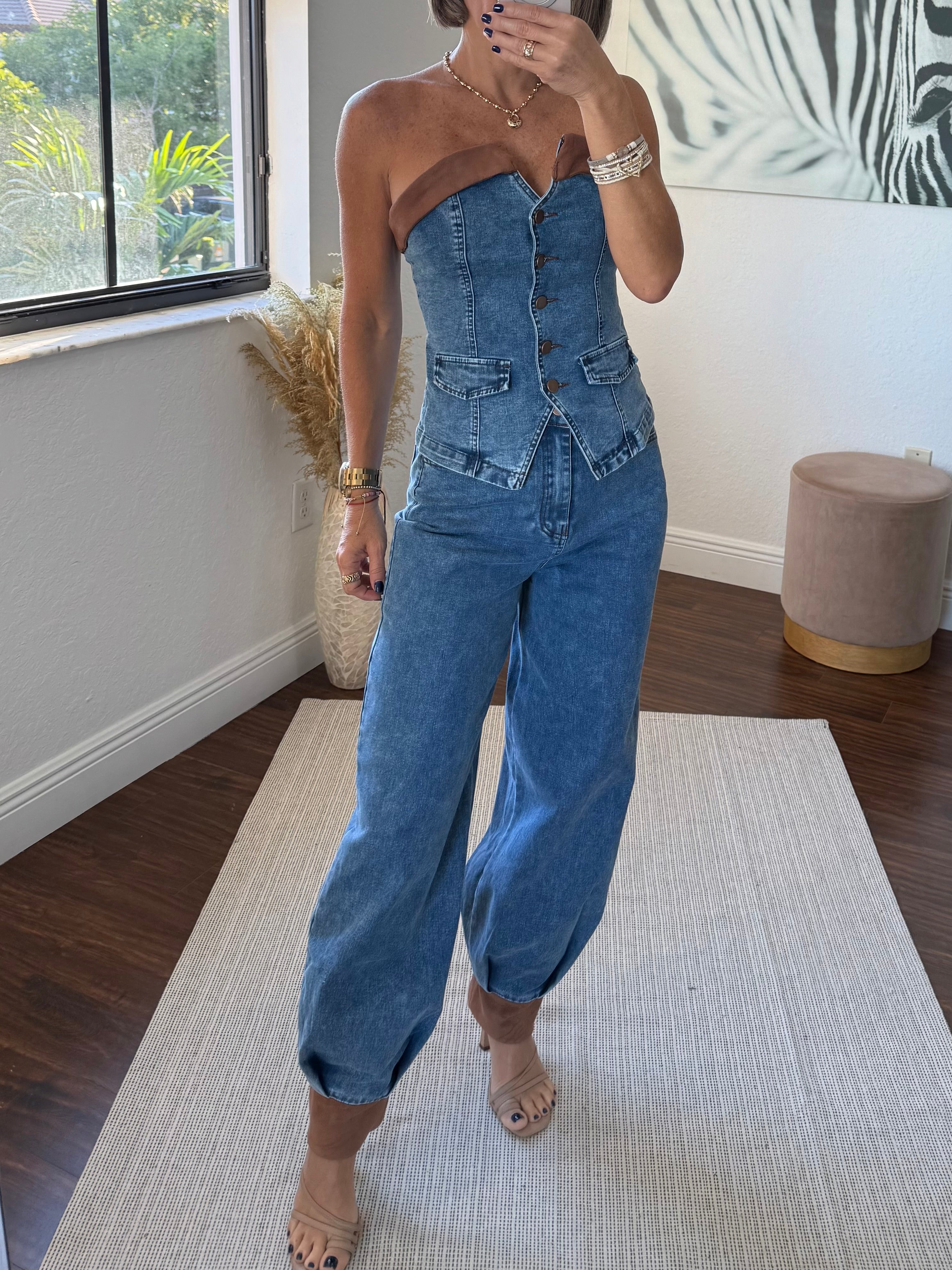 Aladdin-Style Denim Set with Leather Details
