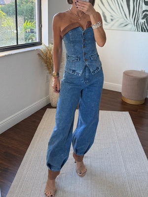 Aladdin-Style Denim Set with Leather Details