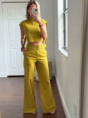 Pistachio Green Linen Set – High-Neck Top & Pants