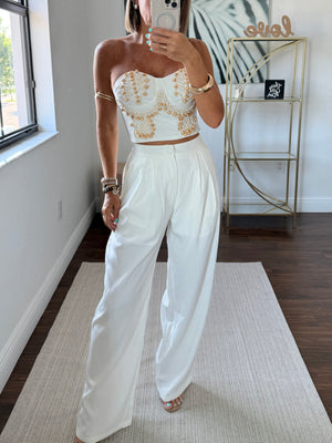 Strapless Corset & Pant Set with Embroidery and Wooden Details – White Elegance