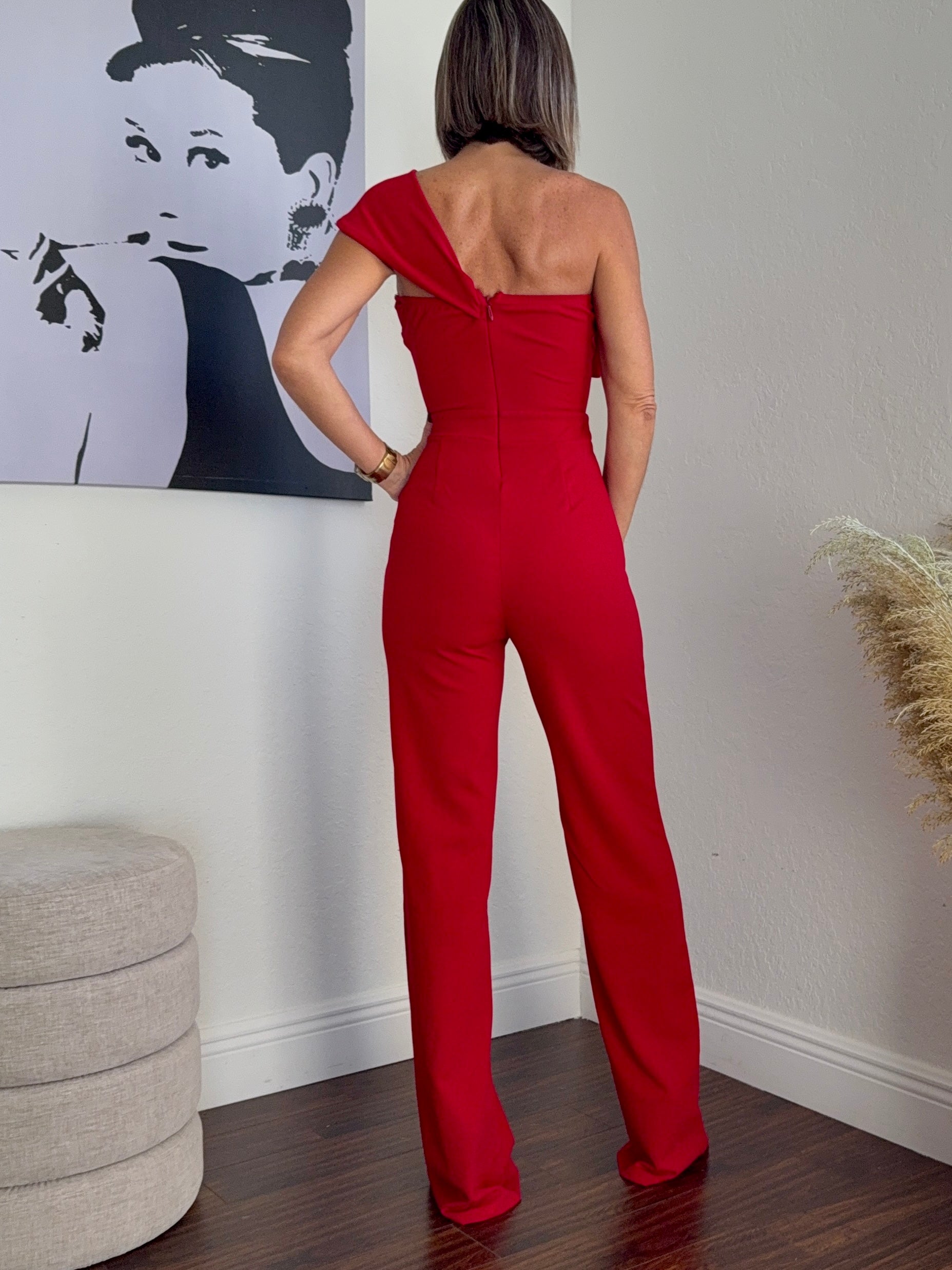 ✨ Glam Red Christmas Strapless Jumpsuit