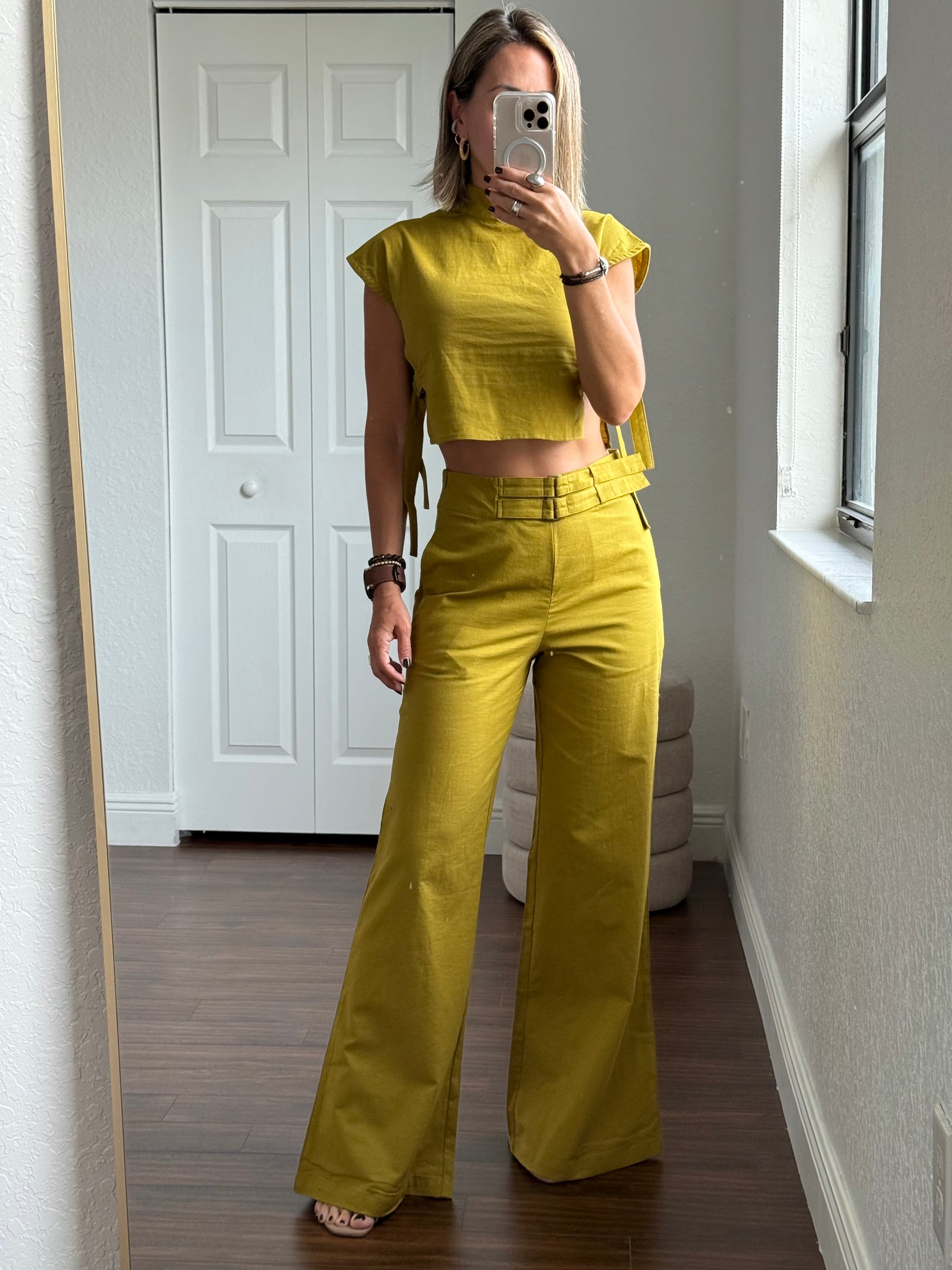Pistachio Green Linen Set – High-Neck Top & Pants