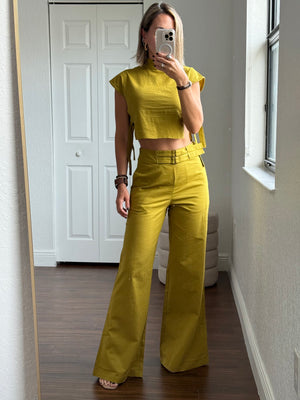 Pistachio Green Linen Set – High-Neck Top & Pants