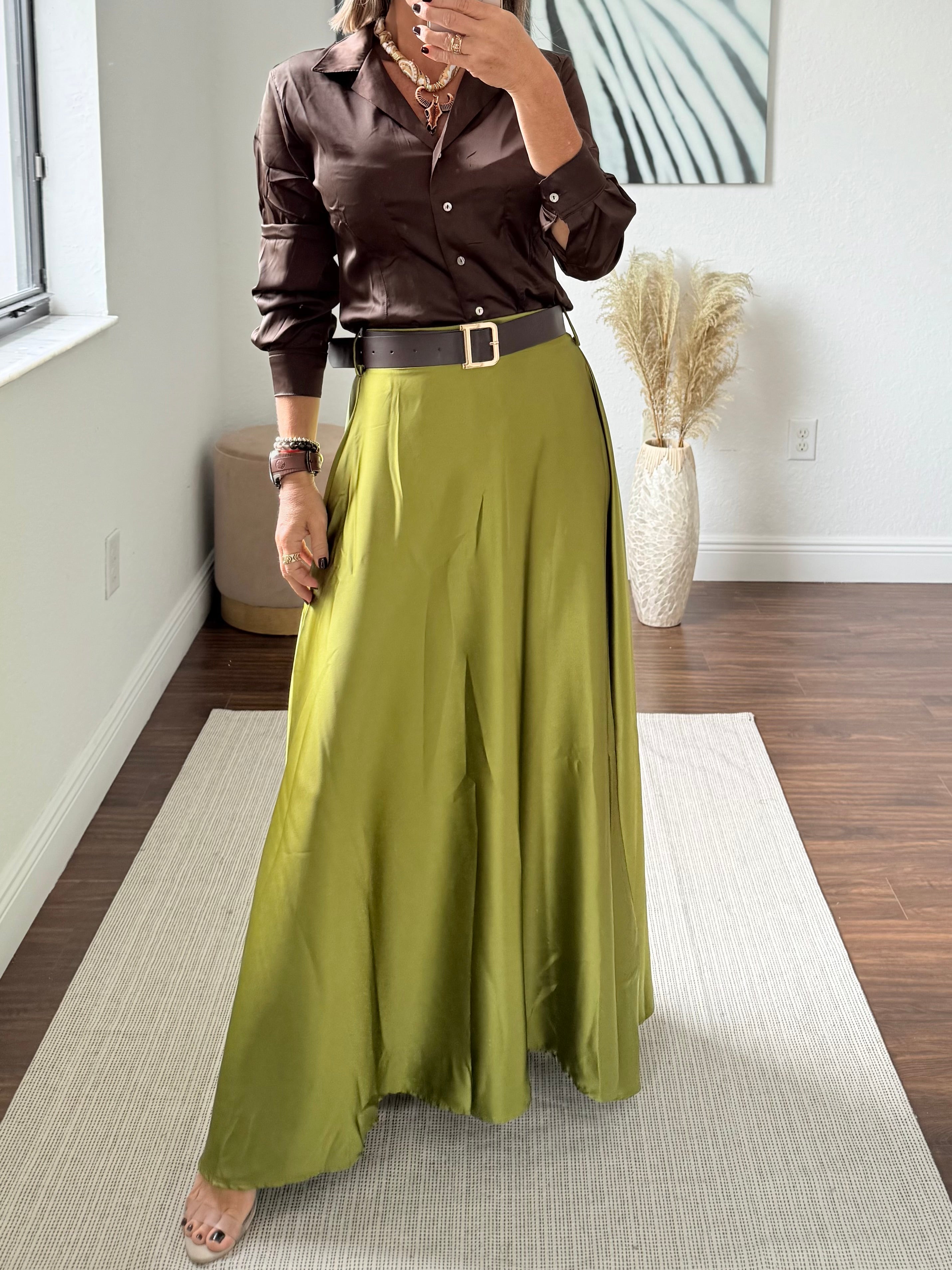 Moca Silk Blouse with Subtle Shine and Tailored Waist