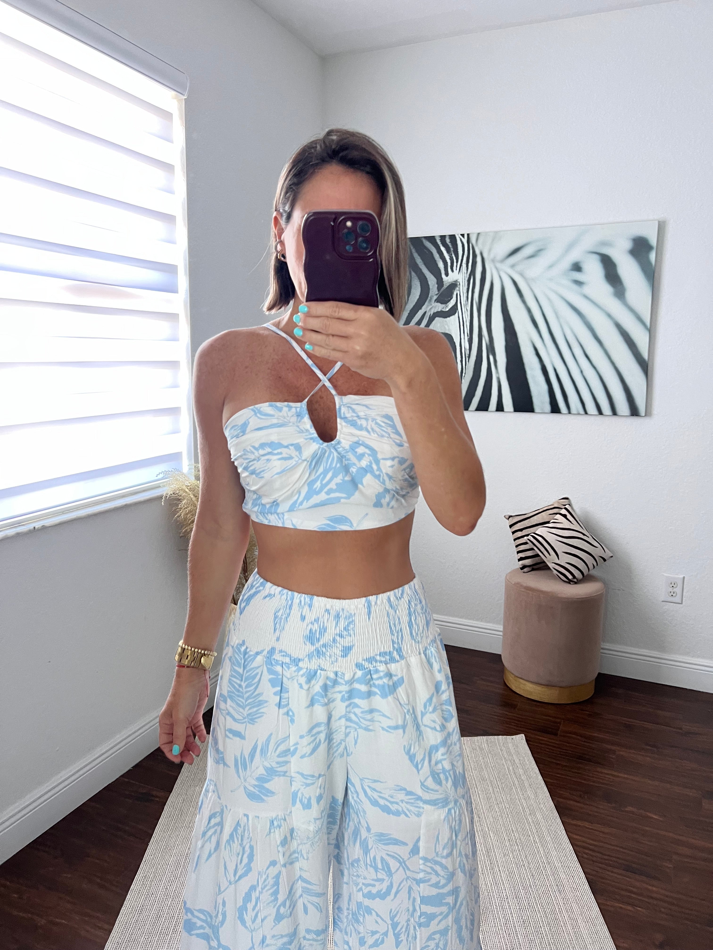 Blue  CROP TOP PANTS SET