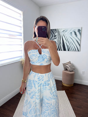 Blue  CROP TOP PANTS SET