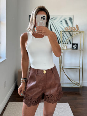 Embroidered Leather Shorts with Golden Button