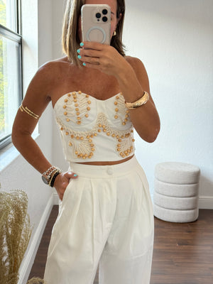 Strapless Corset & Pant Set with Embroidery and Wooden Details – White Elegance