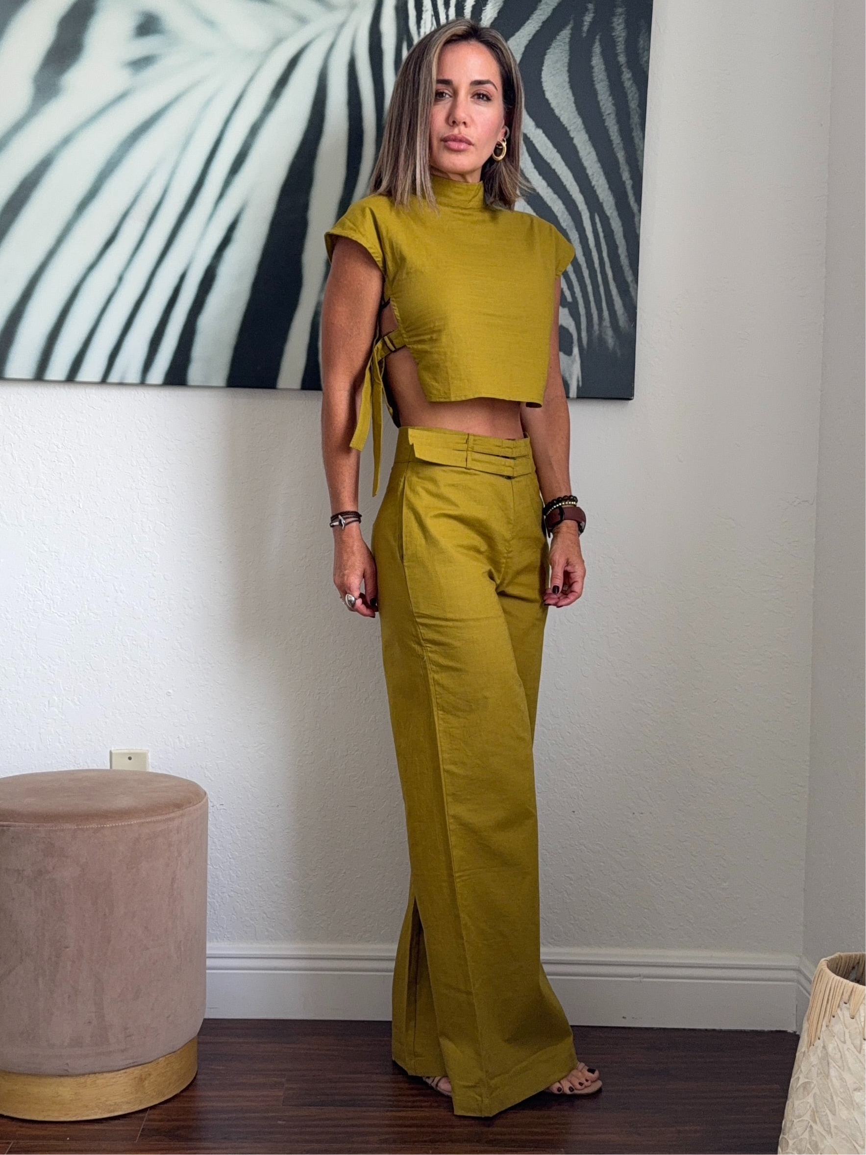 Pistachio Green Linen Set – High-Neck Top & Pants
