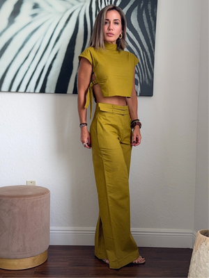 Pistachio Green Linen Set – High-Neck Top & Pants